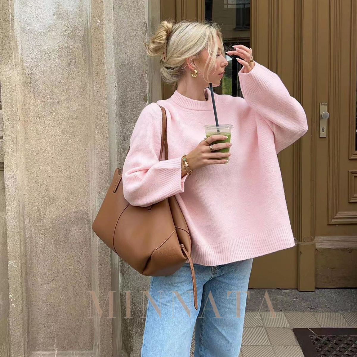 Suéter Mujer Chic Rosa de Cuello Redondo