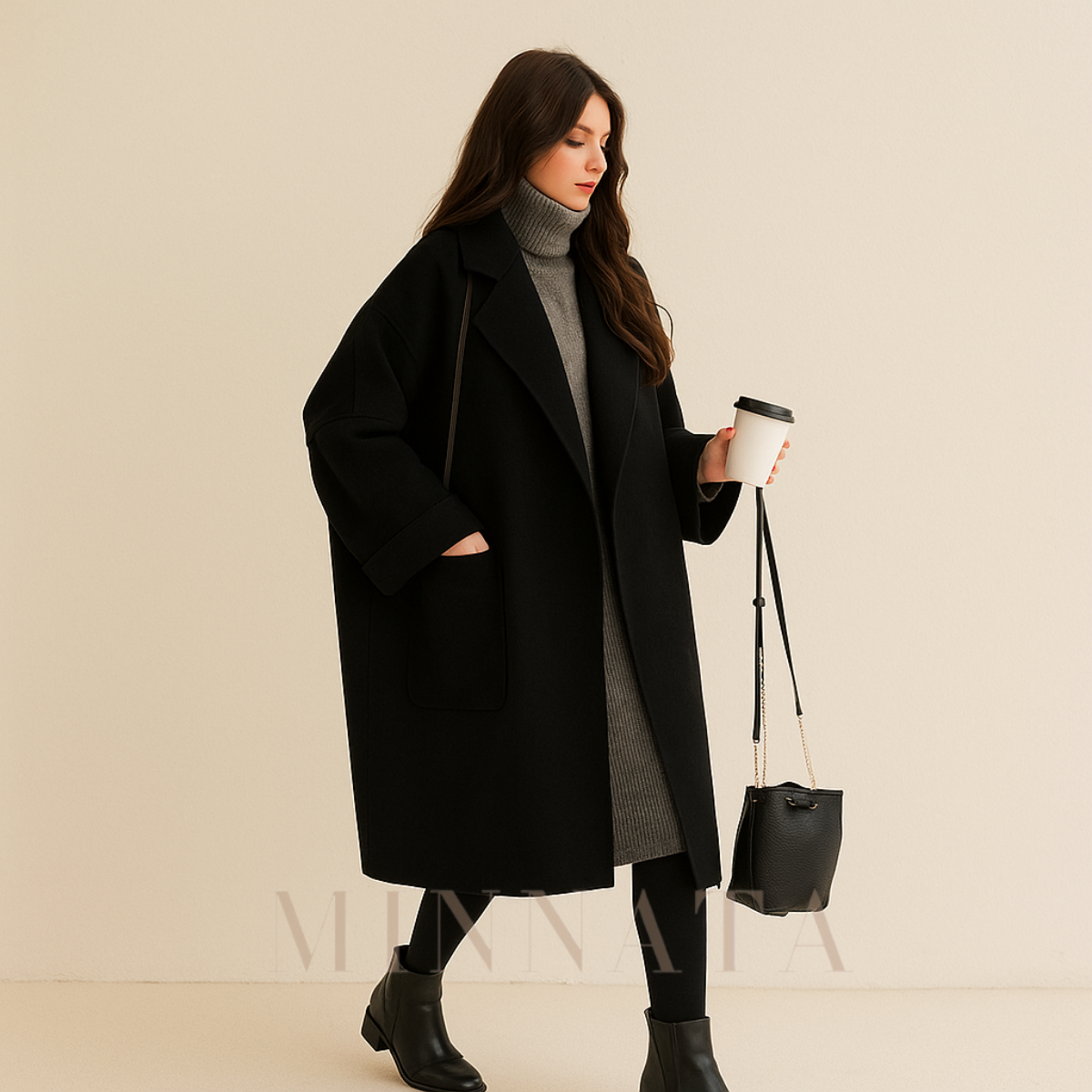 Trench delgado Oversize Elegante de lana y poliéster