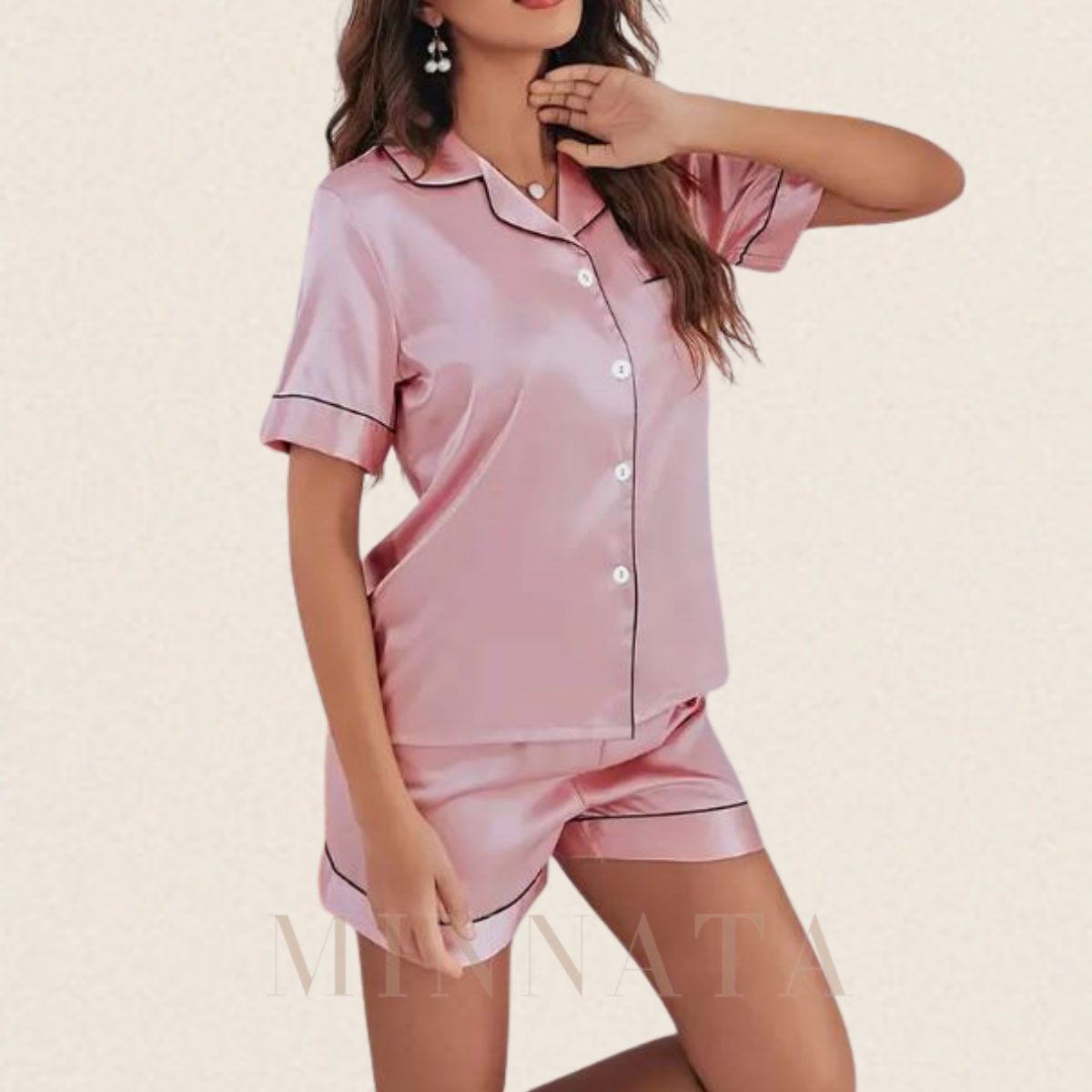 Conjunto de pijama de satén de manga corta para mujer