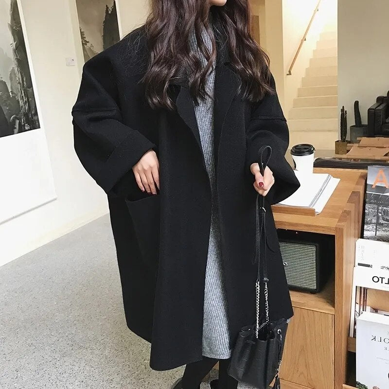 Trench delgado Oversize Elegante de lana y poliéster